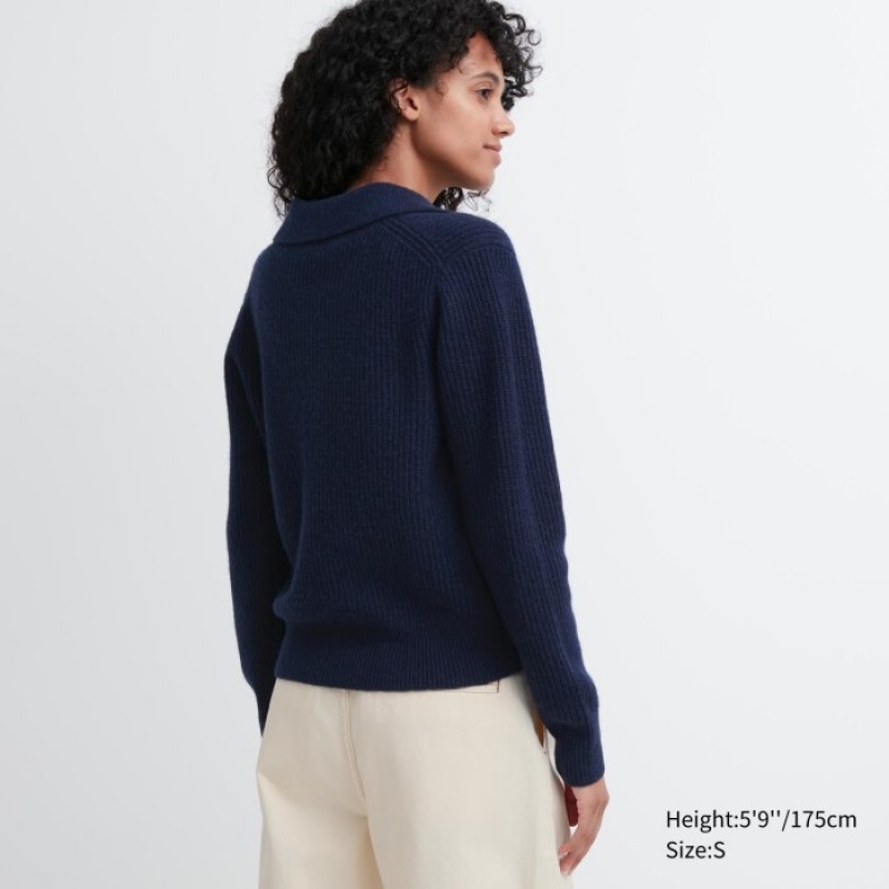 Women Uniqlo Premium Lambswool Long-Sleeve Polo Sweaters Navy | 7413751