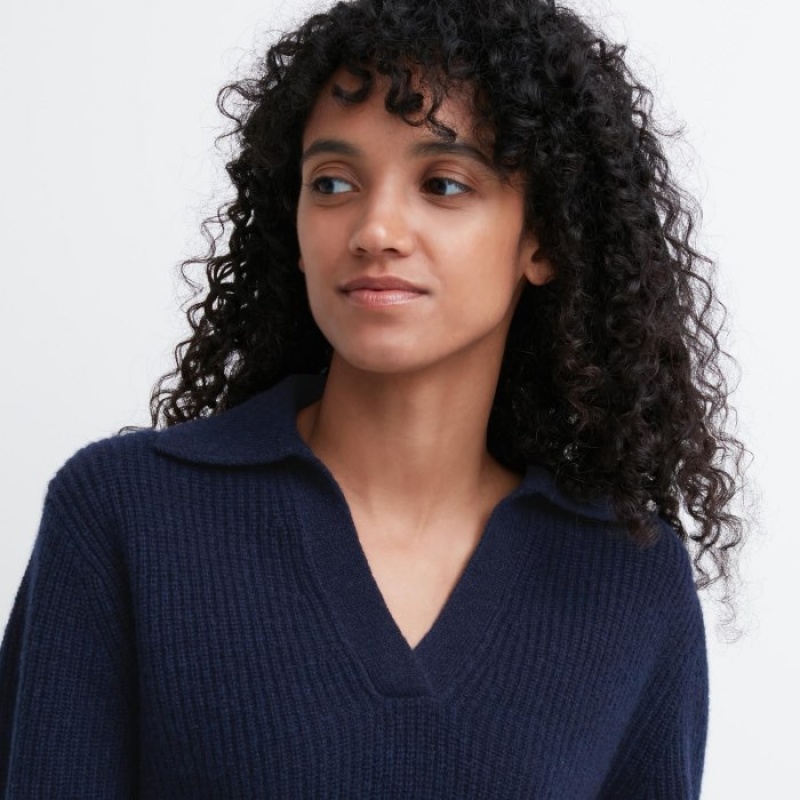 Women Uniqlo Premium Lambswool Long-Sleeve Polo Sweaters Navy | 7413751