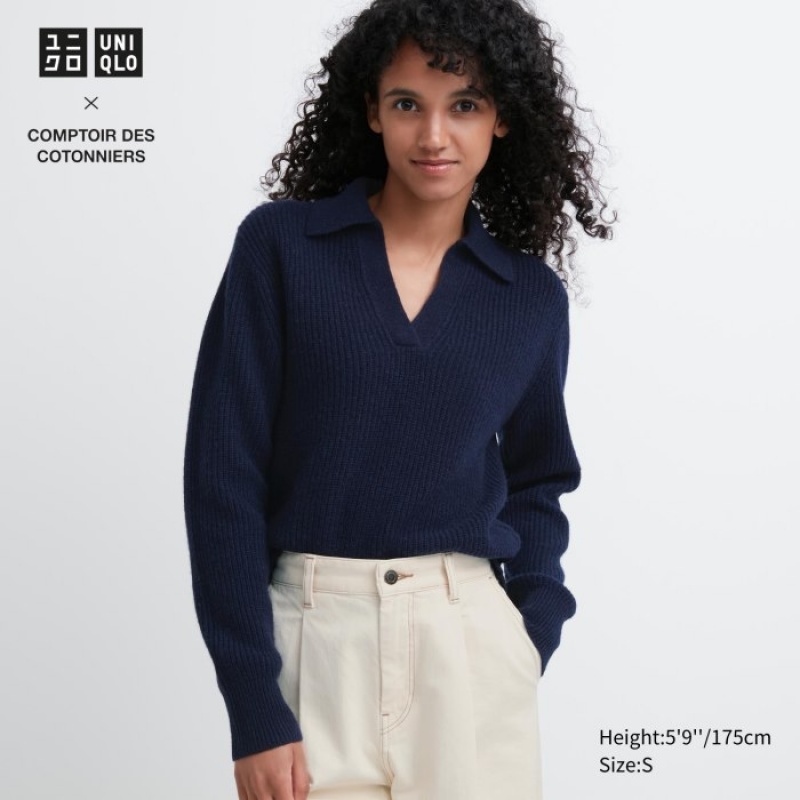 Women Uniqlo Premium Lambswool Long-Sleeve Polo Sweaters Navy | 7413751