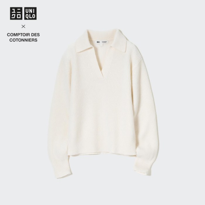 Women Uniqlo Premium Lambswool Long-Sleeve Polo Sweaters White | 8019546