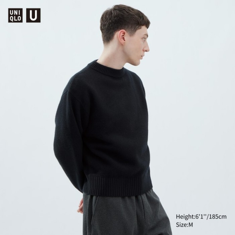 Women Uniqlo Premium Lambswool Low Gauge Crew Neck Sweaters Black | 7910129
