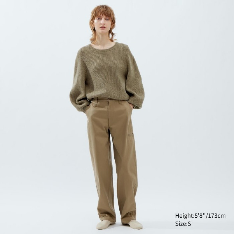 Women Uniqlo Premium Lambswool Volume Long-Sleeve Sweaters Khaki | 8923940