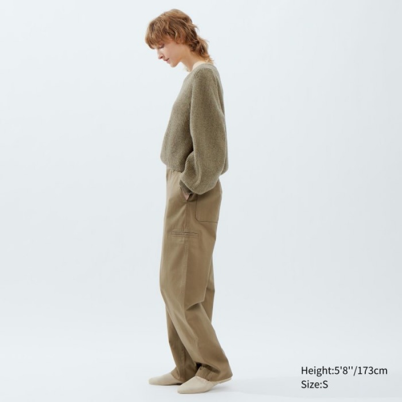 Women Uniqlo Premium Lambswool Volume Long-Sleeve Sweaters Khaki | 8923940