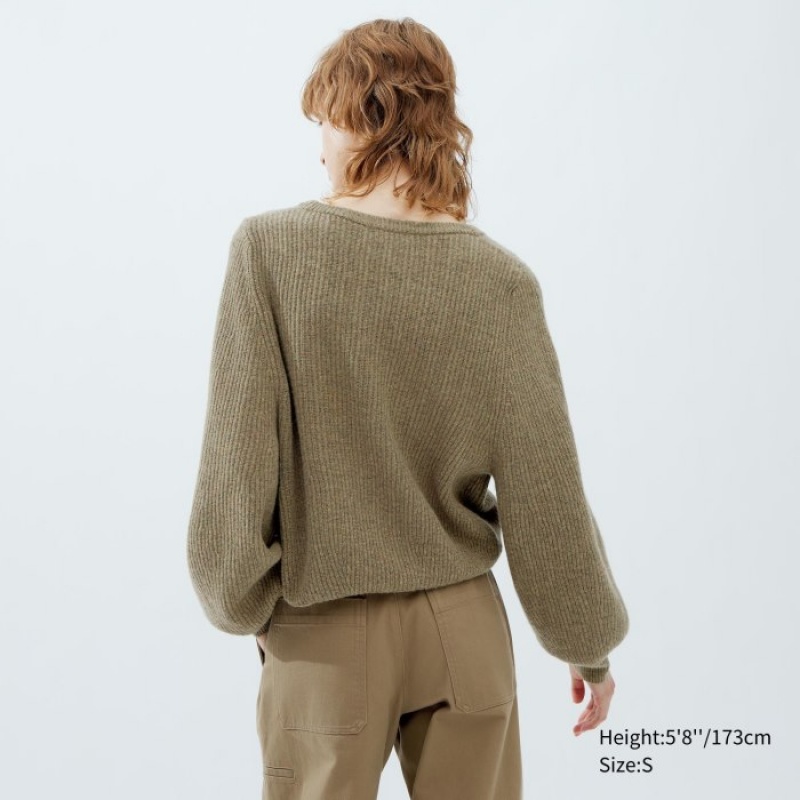Women Uniqlo Premium Lambswool Volume Long-Sleeve Sweaters Khaki | 8923940