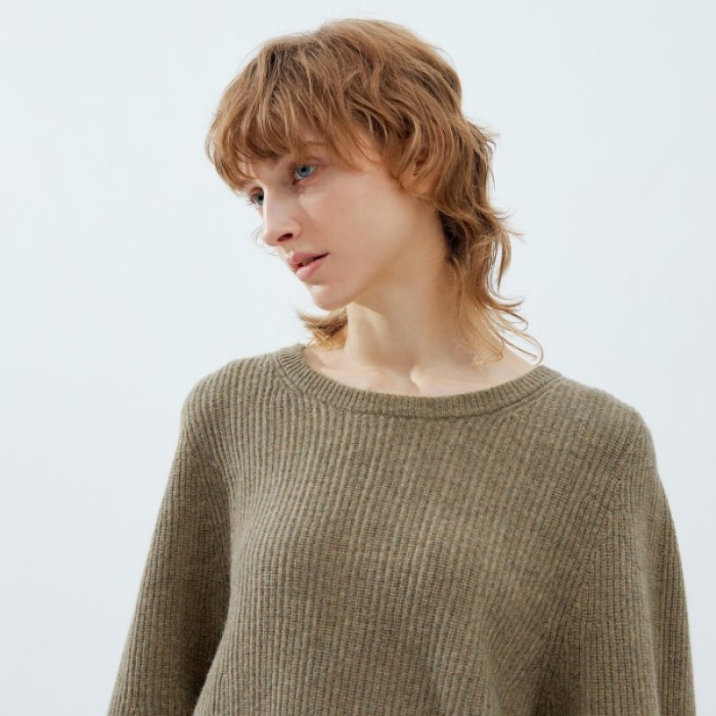 Women Uniqlo Premium Lambswool Volume Long-Sleeve Sweaters Khaki | 8923940