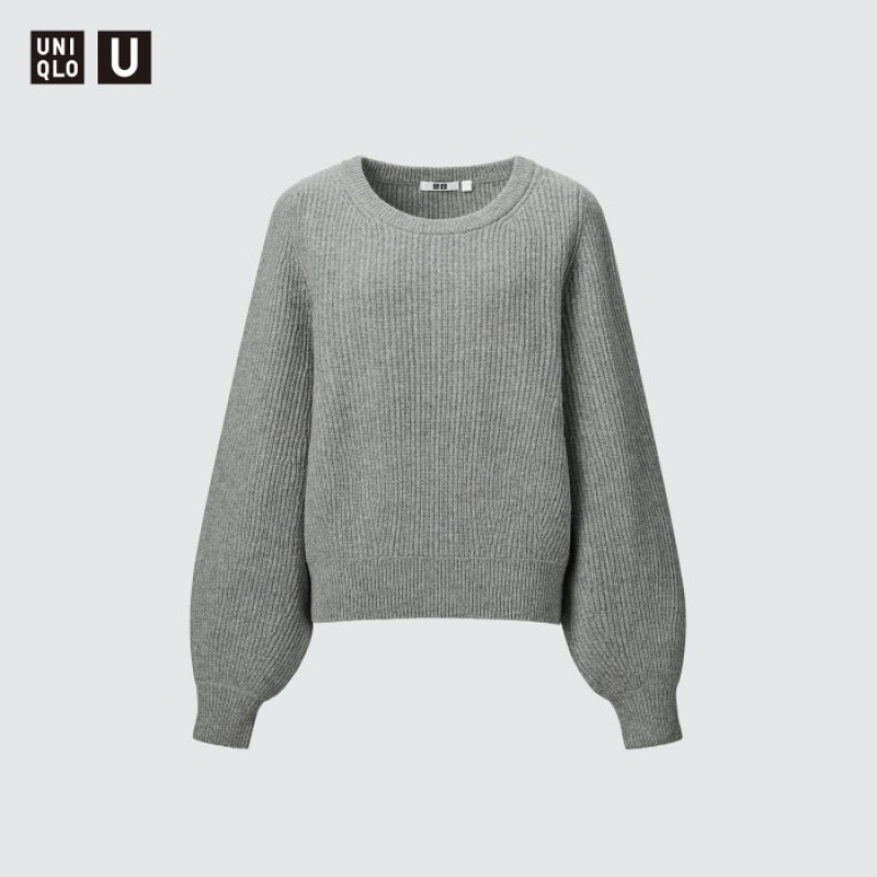 Women Uniqlo Premium Lambswool Volume Long-Sleeve Sweaters Grey | 4080257