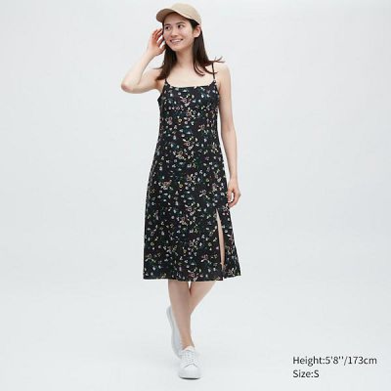 Women Uniqlo Printed Front Slit Camisole Dress Black | 2870779