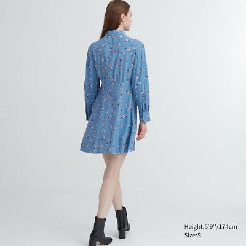 Women Uniqlo Printed V-Neck Long-Sleeve Mini Dress Blue | 7124358