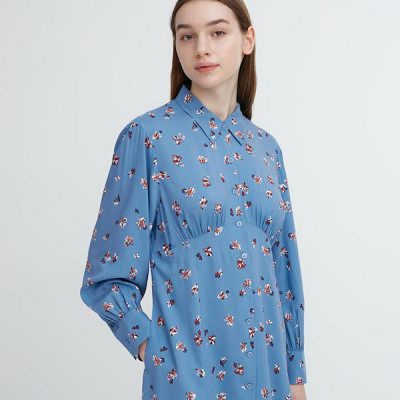 Women Uniqlo Printed V-Neck Long-Sleeve Mini Dress Blue | 7124358