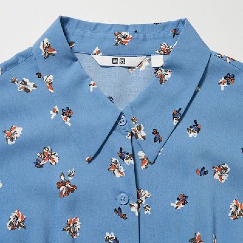 Women Uniqlo Printed V-Neck Long-Sleeve Mini Dress Blue | 7124358