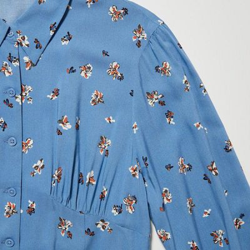 Women Uniqlo Printed V-Neck Long-Sleeve Mini Dress Blue | 7124358