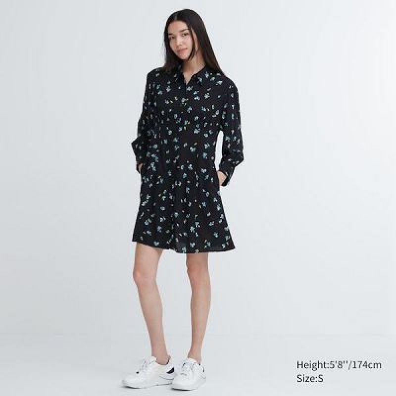 Women Uniqlo Printed V-Neck Long-Sleeve Mini Dress Black | 2169799