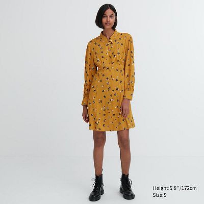 Women Uniqlo Printed V-Neck Long-Sleeve Mini Dress Yellow | 8148665