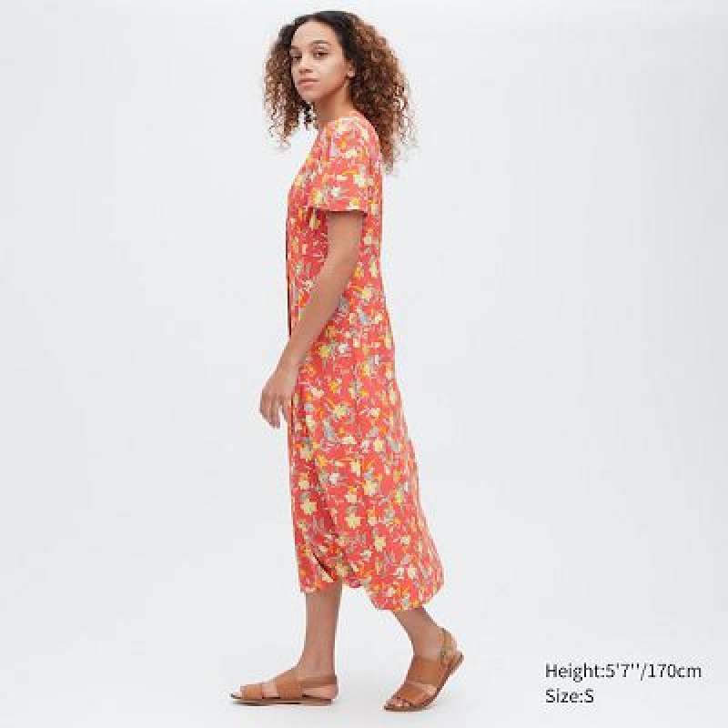 Women Uniqlo Printed V-Neck Short-Sleeve Flare Dress Red | 4538727