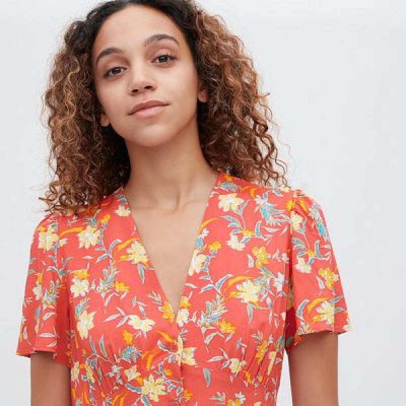 Women Uniqlo Printed V-Neck Short-Sleeve Flare Dress Red | 4538727