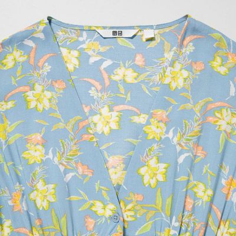 Women Uniqlo Printed V-Neck Short-Sleeve Flare Dress Blue | 8556290