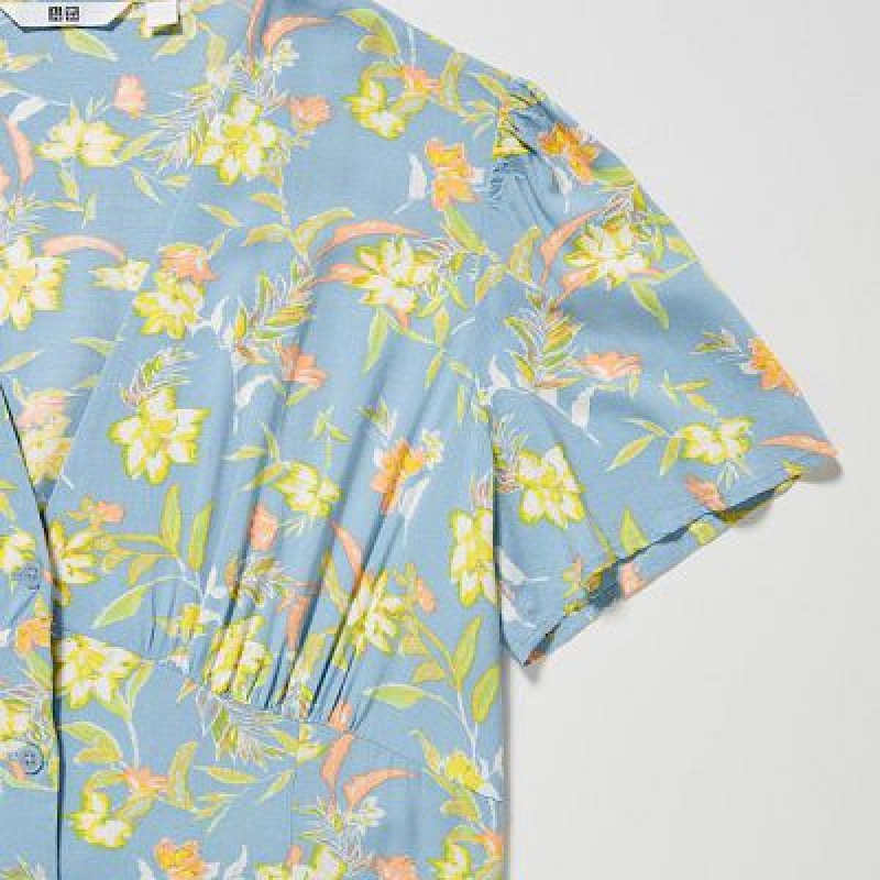 Women Uniqlo Printed V-Neck Short-Sleeve Flare Dress Blue | 8556290