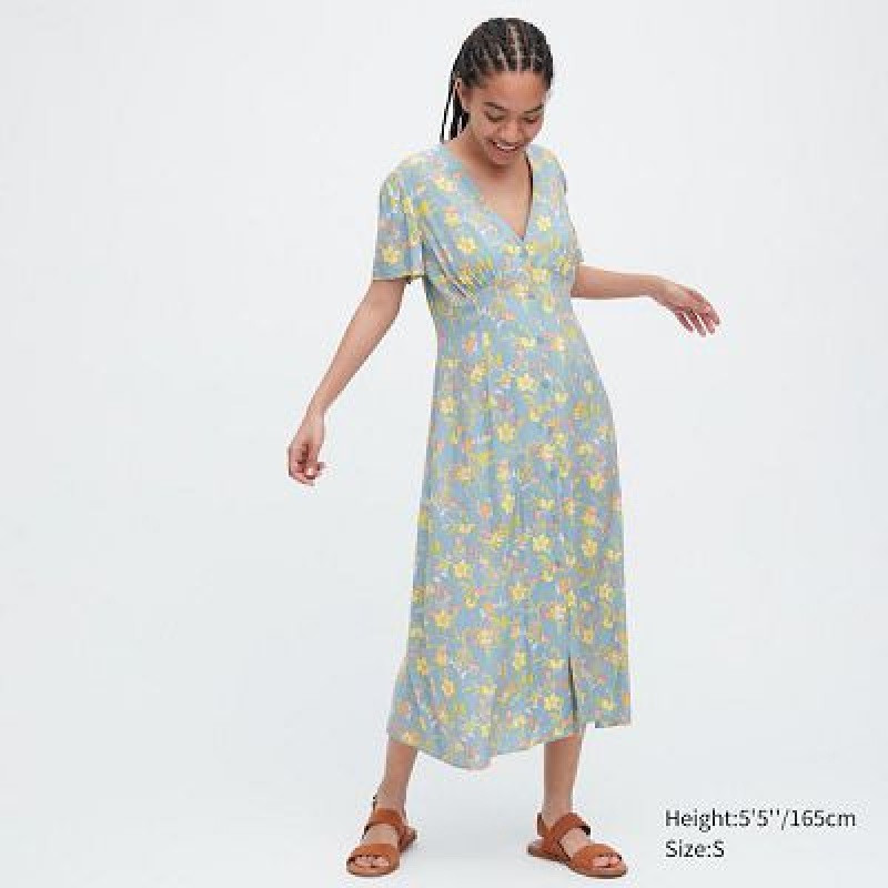 Women Uniqlo Printed V-Neck Short-Sleeve Flare Dress Blue | 8556290