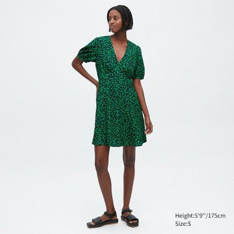 Women Uniqlo Printed V-Neck Short-Sleeve Mini Dress Green | 5587915