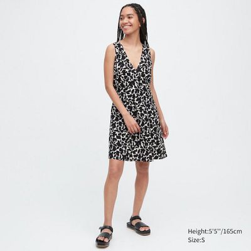 Women Uniqlo Printed V-Neck Sleeveless Mini Dress Black | 2451438
