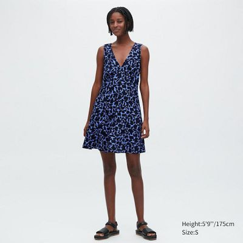 Women Uniqlo Printed V-Neck Sleeveless Mini Dress Blue | 3804835