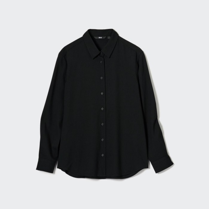 Women Uniqlo Rayon Long-Sleeve Blouse Black | 3593453