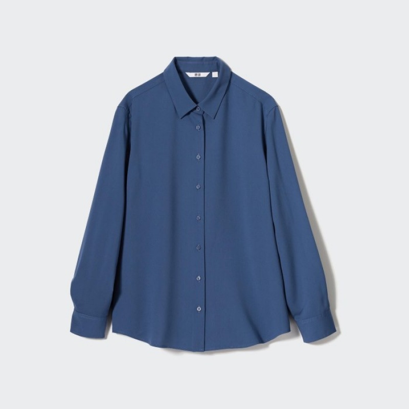 Women Uniqlo Rayon Long-Sleeve Blouse Blue | 7307910