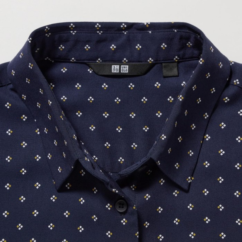 Women Uniqlo Rayon Printed Long-Sleeve Blouse Navy | 6688990