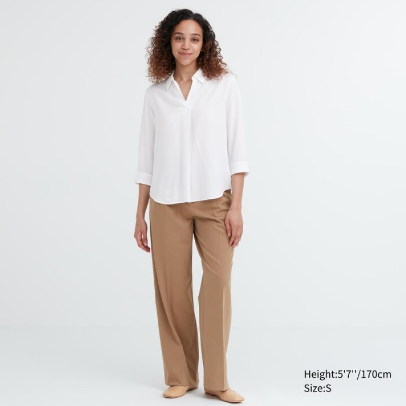 Women Uniqlo Rayon Skipper Collar 3/4-Sleeve Blouse White | 4372785