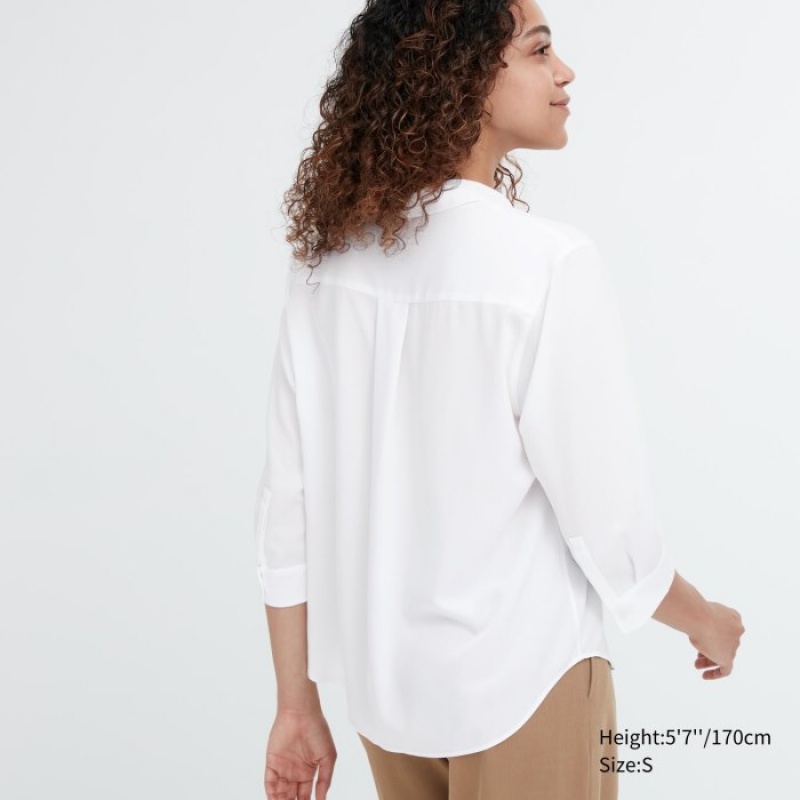 Women Uniqlo Rayon Skipper Collar 3/4-Sleeve Blouse White | 4372785