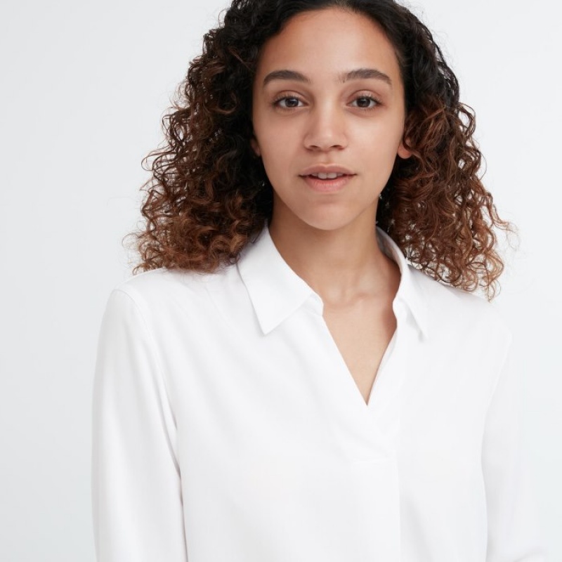 Women Uniqlo Rayon Skipper Collar 3/4-Sleeve Blouse White | 4372785