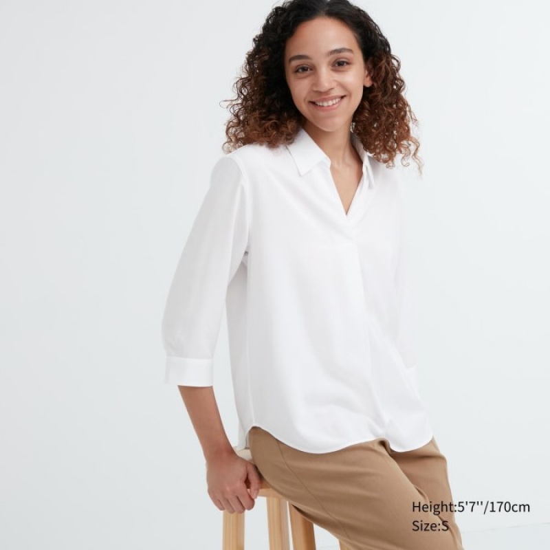Women Uniqlo Rayon Skipper Collar 3/4-Sleeve Blouse White | 4372785