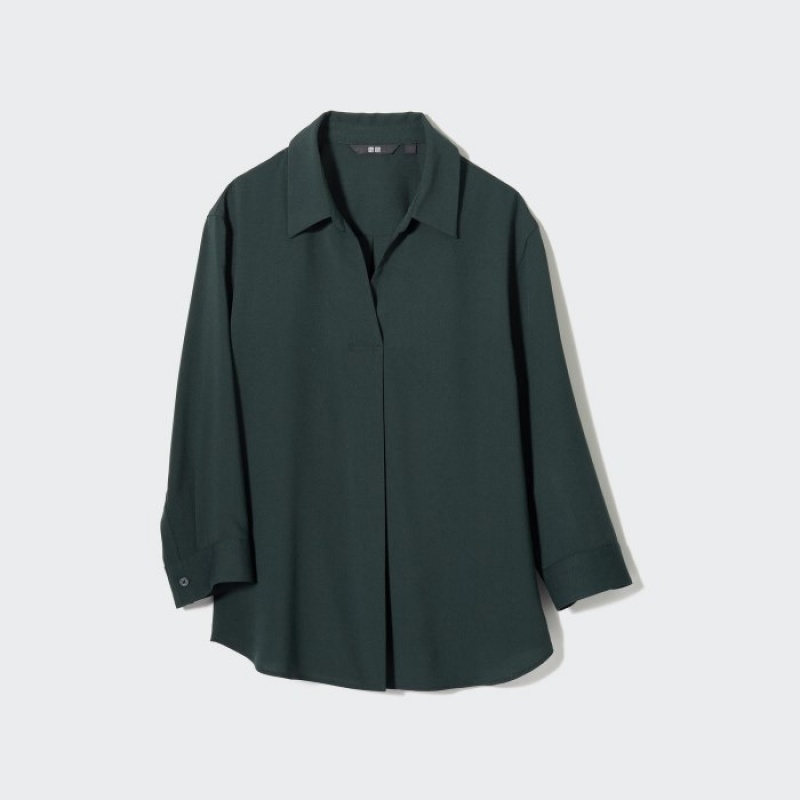 Women Uniqlo Rayon Skipper Collar 3/4-Sleeve Blouse Green | 767232