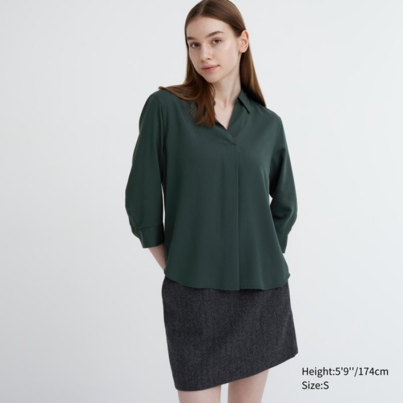 Women Uniqlo Rayon Skipper Collar 3/4-Sleeve Blouse Green | 767232