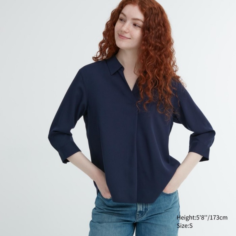 Women Uniqlo Rayon Skipper Collar 3/4-Sleeve Blouse Navy | 2497736