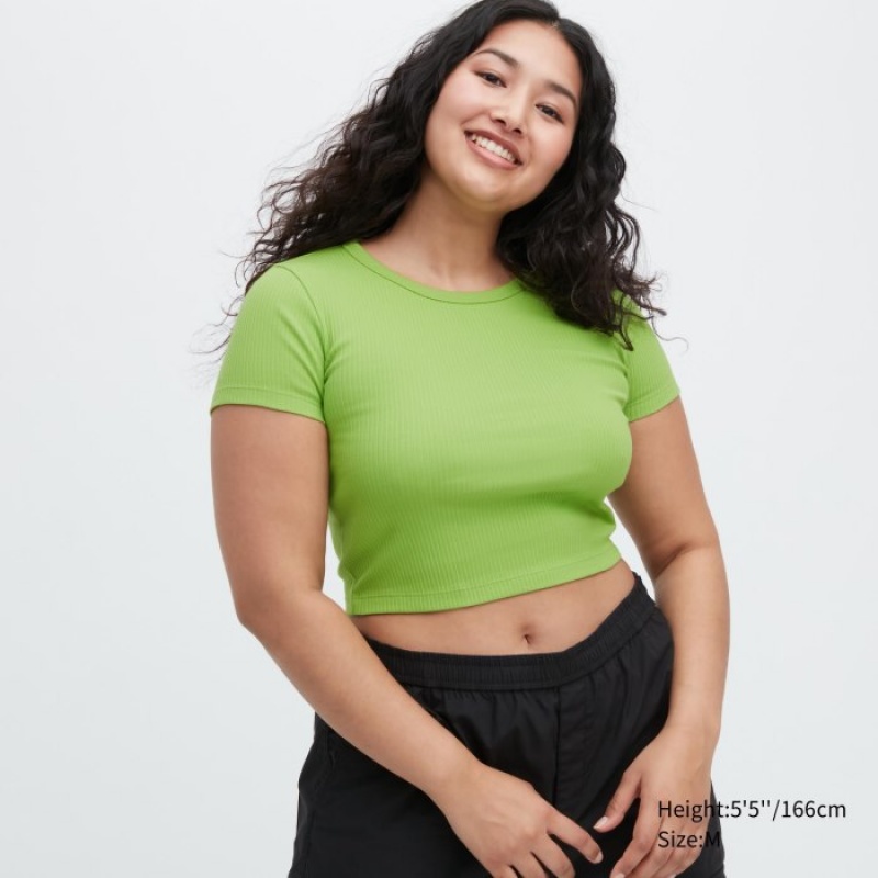 Women Uniqlo Ribbed Crew Neck Short-Sleeve Cropped T Shirts Green | 2656955