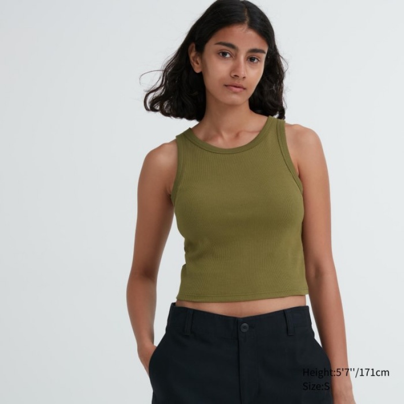 Women Uniqlo Ribbed Cropped Sleeveless Tank Top Olive | 2527527