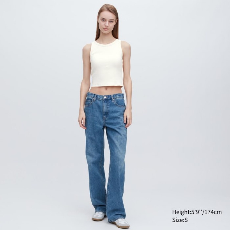 Women Uniqlo Ribbed Cropped Sleeveless Tank Top White | 769821