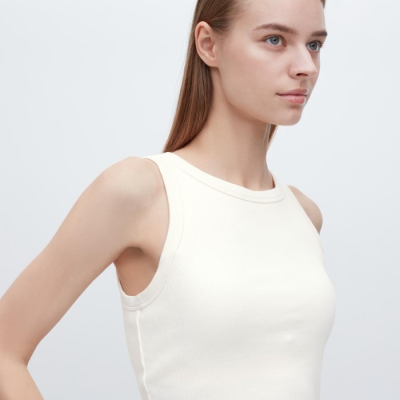 Women Uniqlo Ribbed Cropped Sleeveless Tank Top White | 769821