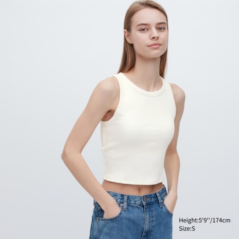 Women Uniqlo Ribbed Cropped Sleeveless Tank Top White | 769821