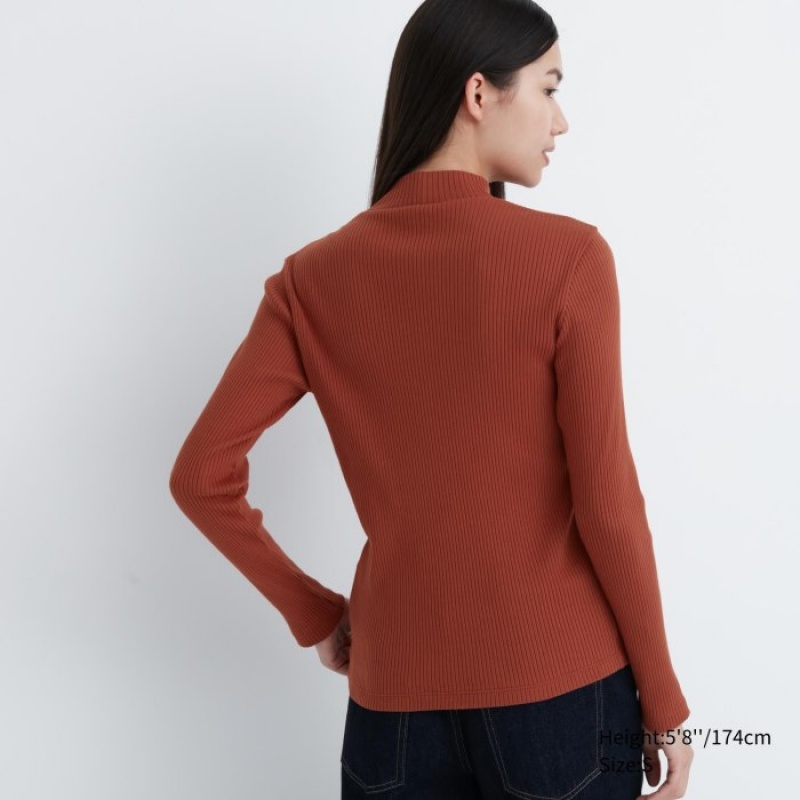 Women Uniqlo Ribbed High Neck Long-Sleeve T Shirts Red | 1154938