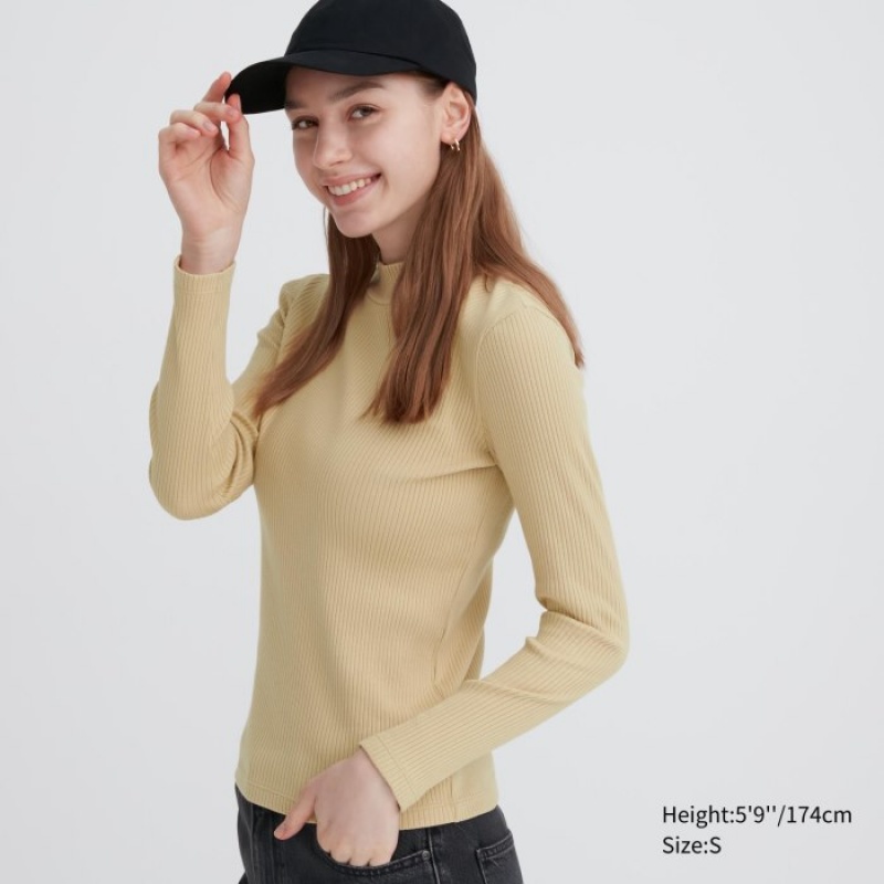 Women Uniqlo Ribbed High Neck Long-Sleeve T Shirts Beige | 4518226