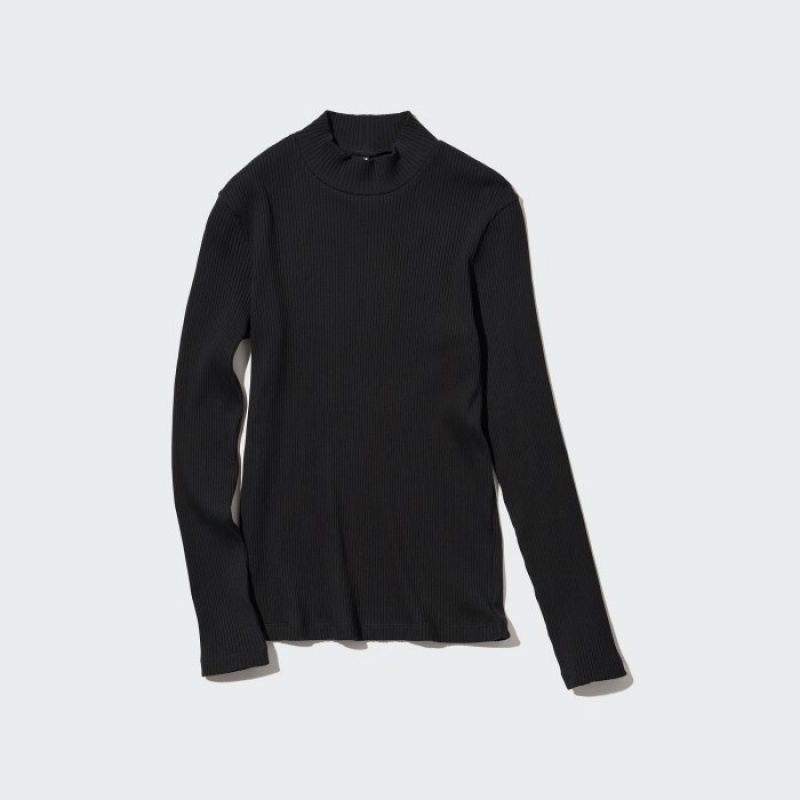 Women Uniqlo Ribbed High Neck Long-Sleeve T Shirts Black | 2215223