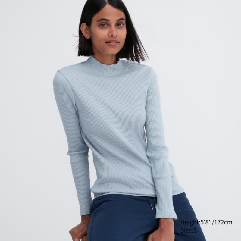 Women Uniqlo Ribbed High Neck Long-Sleeve T Shirts Blue | 2269663