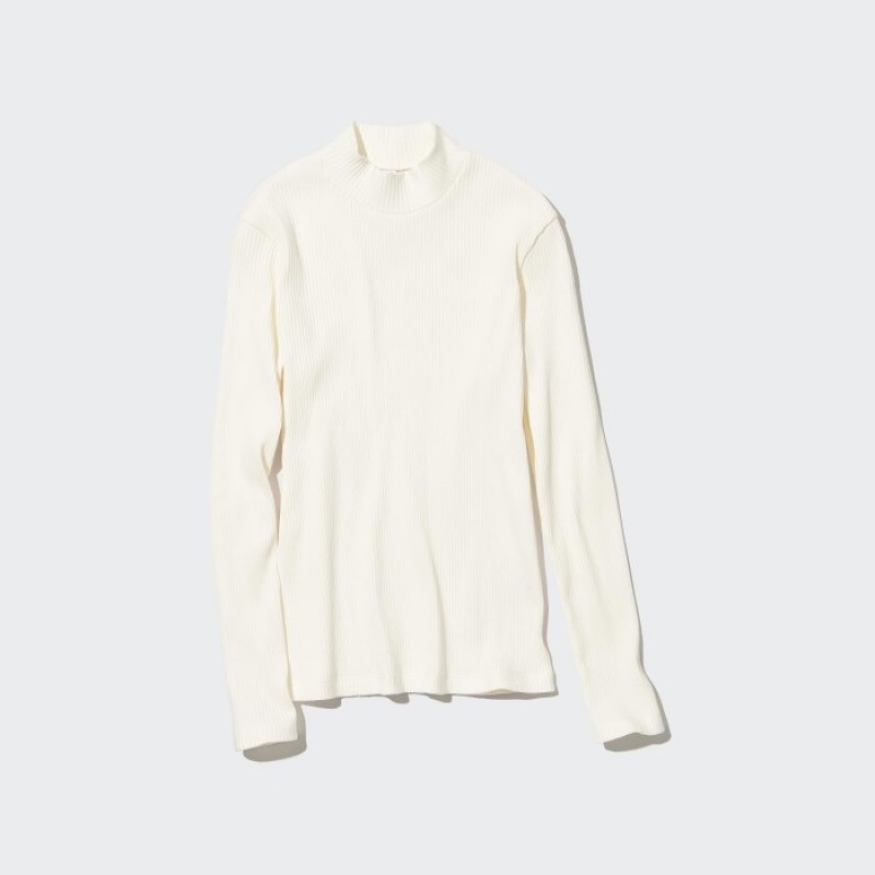 Women Uniqlo Ribbed High Neck Long-Sleeve T Shirts White | 4383421