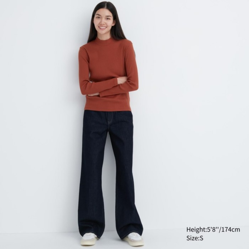 Women Uniqlo Ribbed High Neck Long-Sleeve T Shirts Purple | 9591574