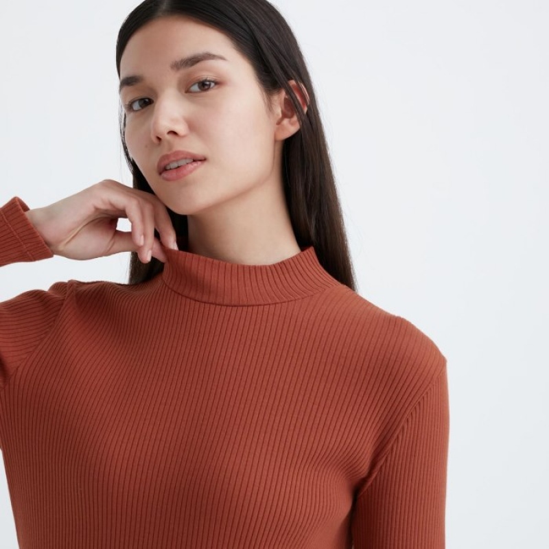 Women Uniqlo Ribbed High Neck Long-Sleeve T Shirts Purple | 9591574