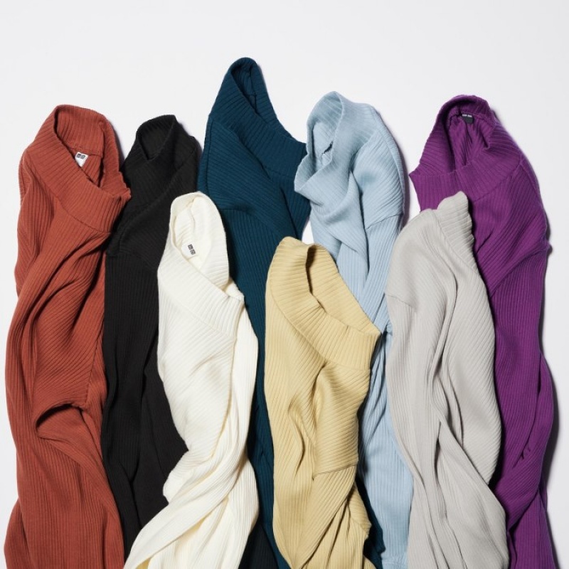 Women Uniqlo Ribbed High Neck Long-Sleeve T Shirts Purple | 9591574