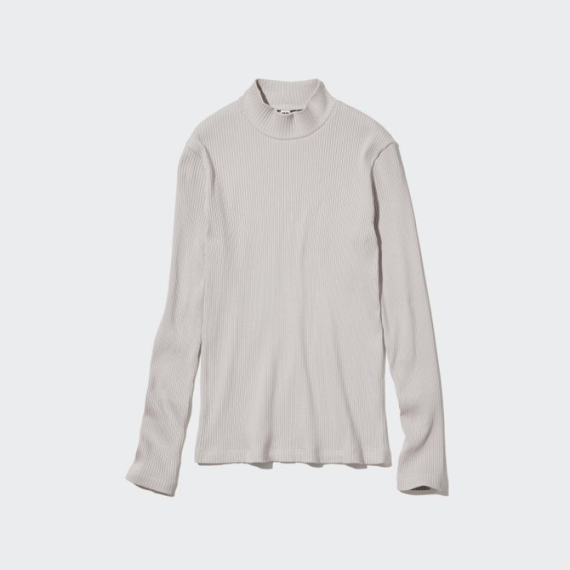 Women Uniqlo Ribbed High Neck Long-Sleeve T Shirts Purple | 9591574
