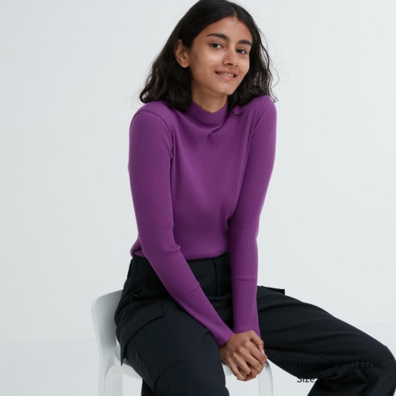 Women Uniqlo Ribbed High Neck Long-Sleeve T Shirts Purple | 9591574